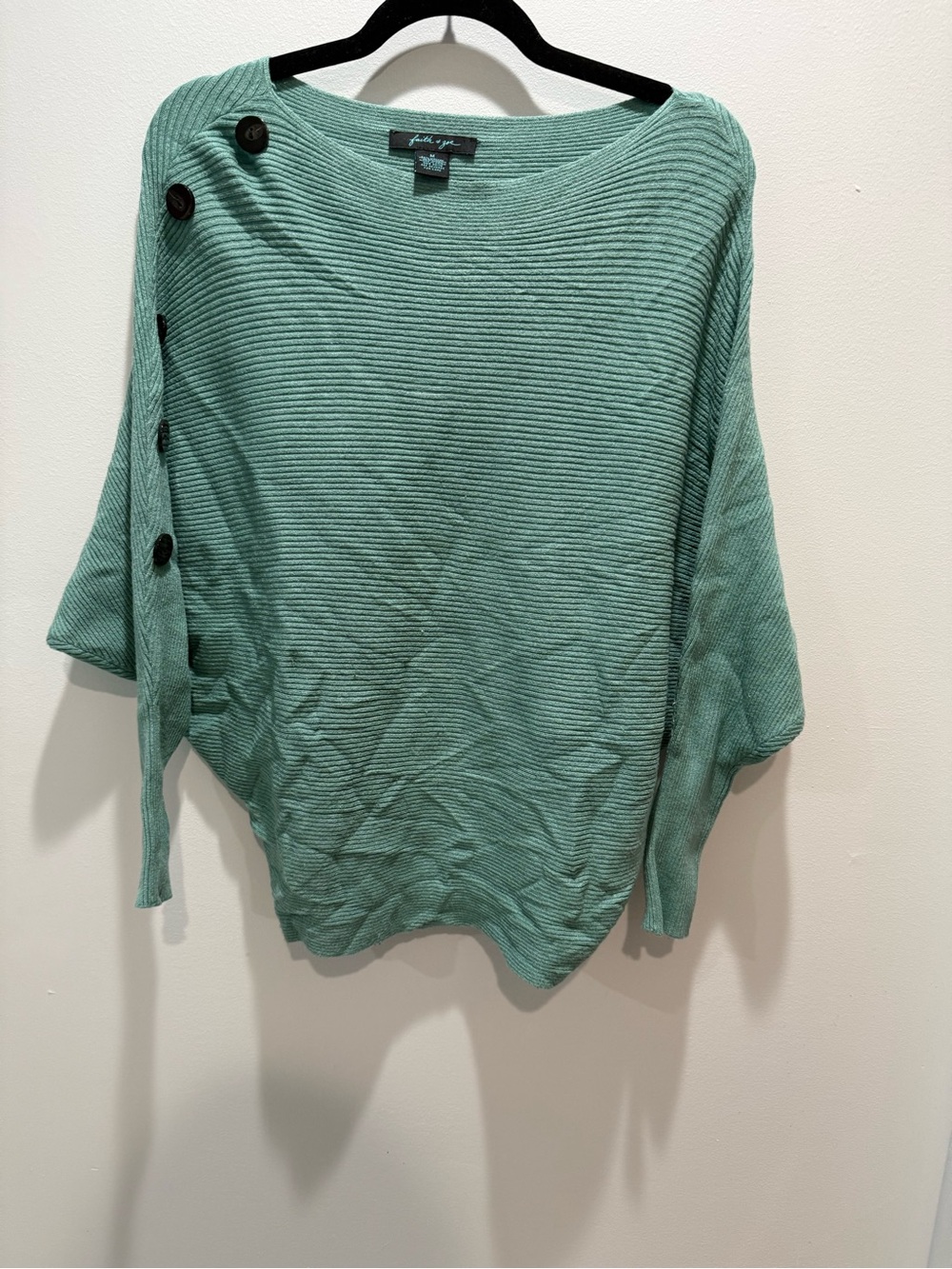 Faith & Zoe Boho Ribbed Knit Sweater Button Shoulder Detail Green Top Medium